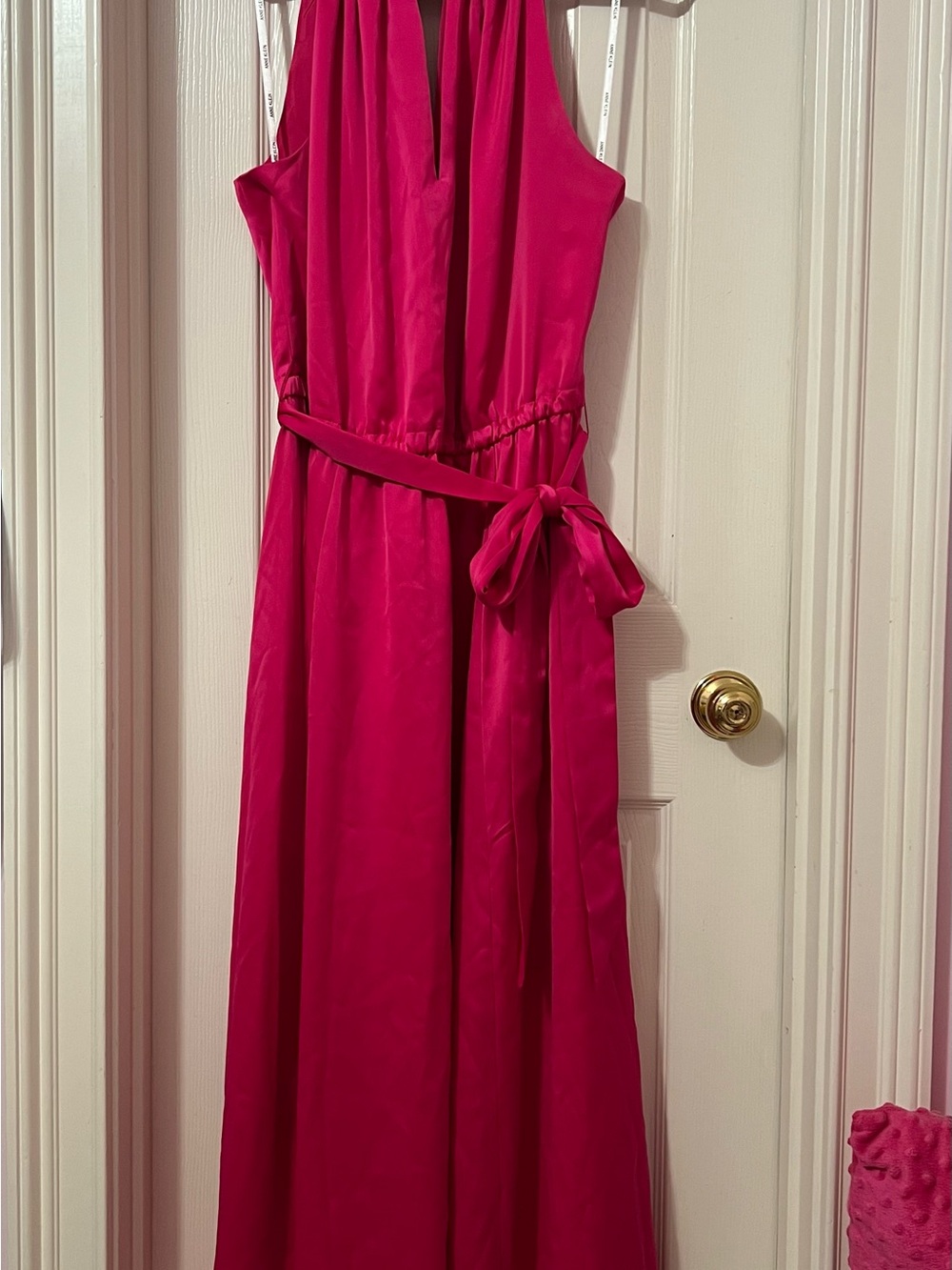 hot pink halter maxi dress with tie belt